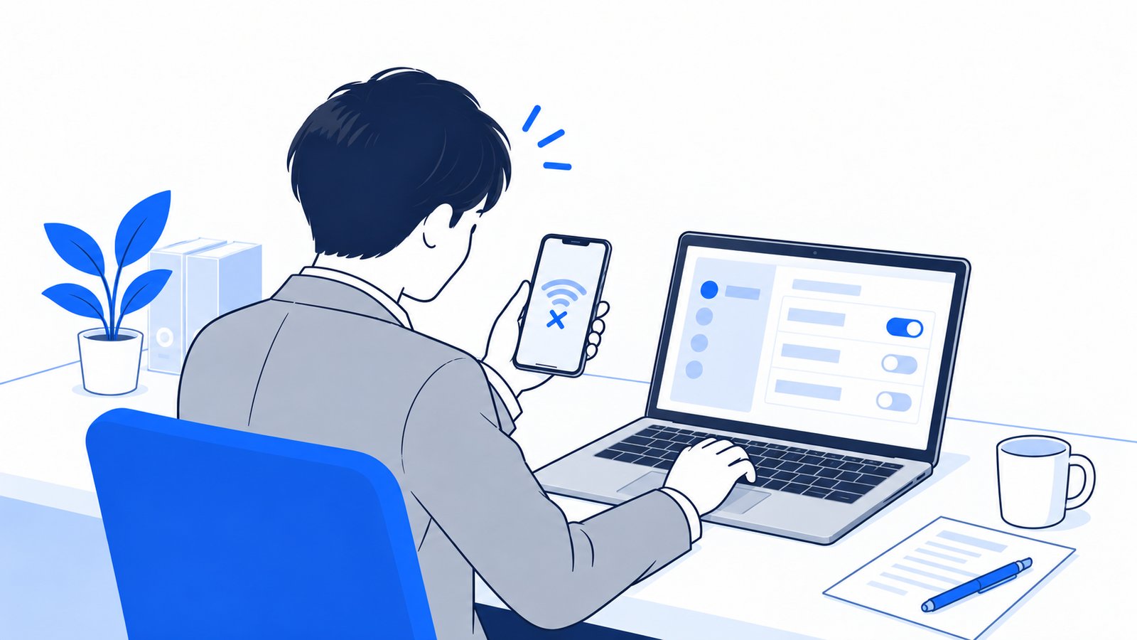 スマートフォンの接続エラーの画面を見ながら、ノートパソコンの設定を確かめている会社員