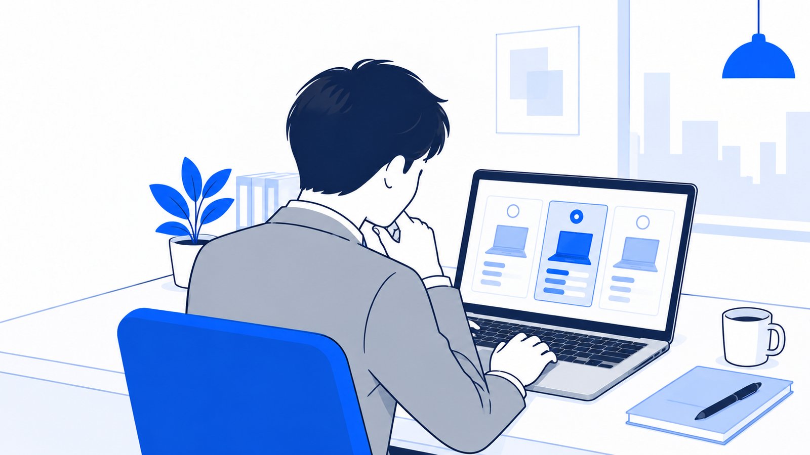ノートPCのモデル選択の画面を見ながら、どれを使うか考えている会社員の肩越しの場面