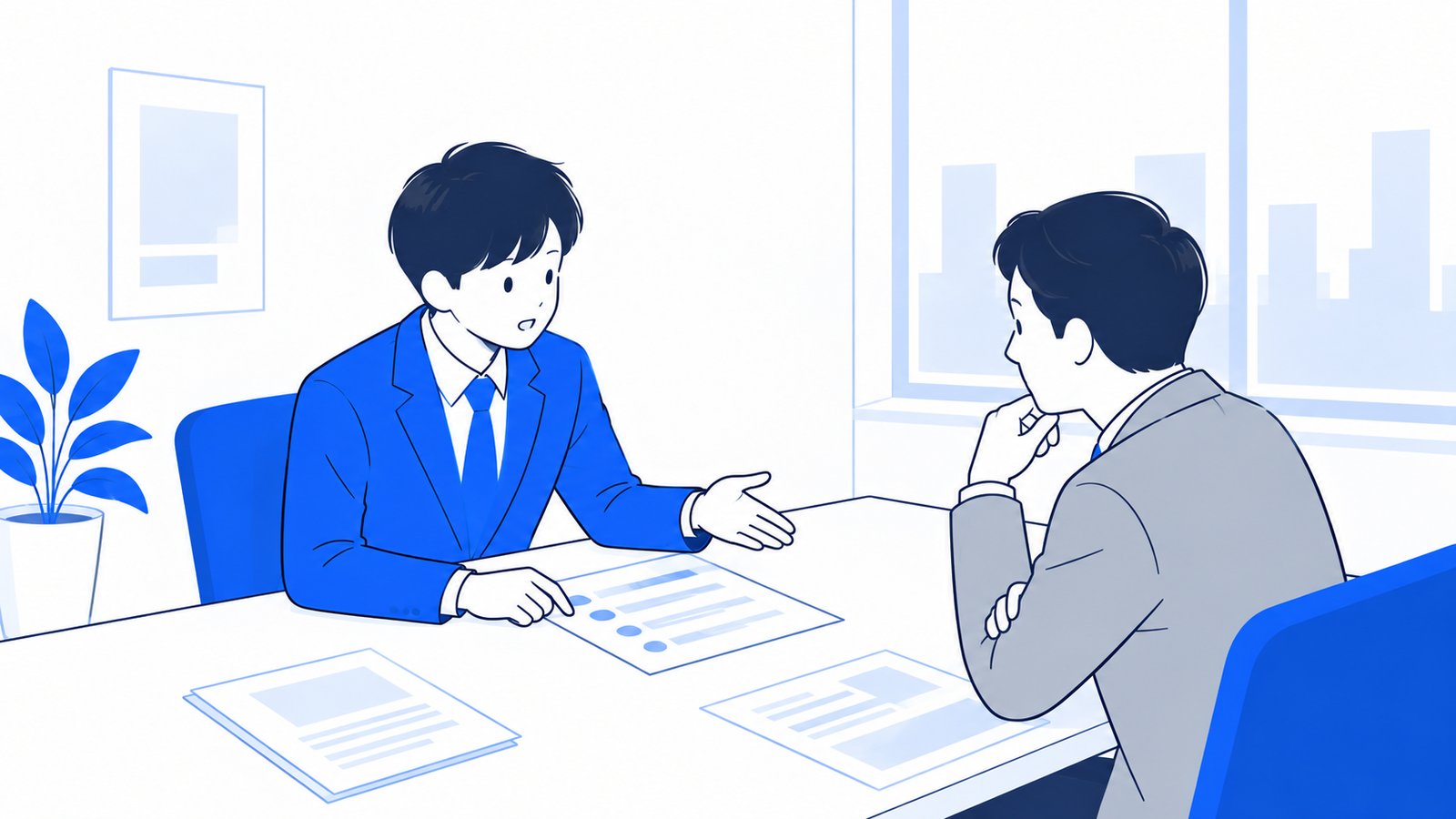 会議室で利用ルールを話し合う担当者と上司
