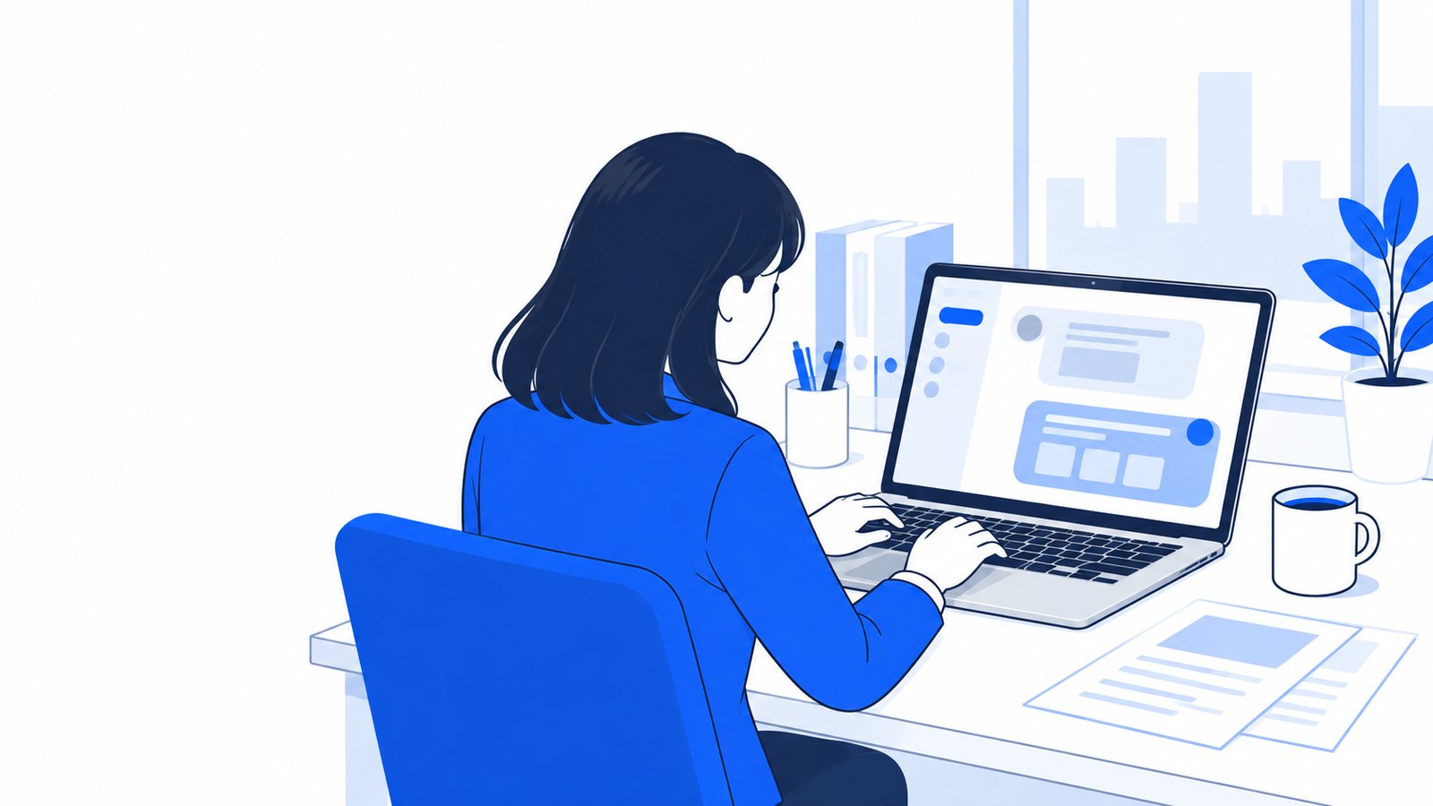 ノートPCに向かい、AIに作業を頼んでいる事務職の会社員