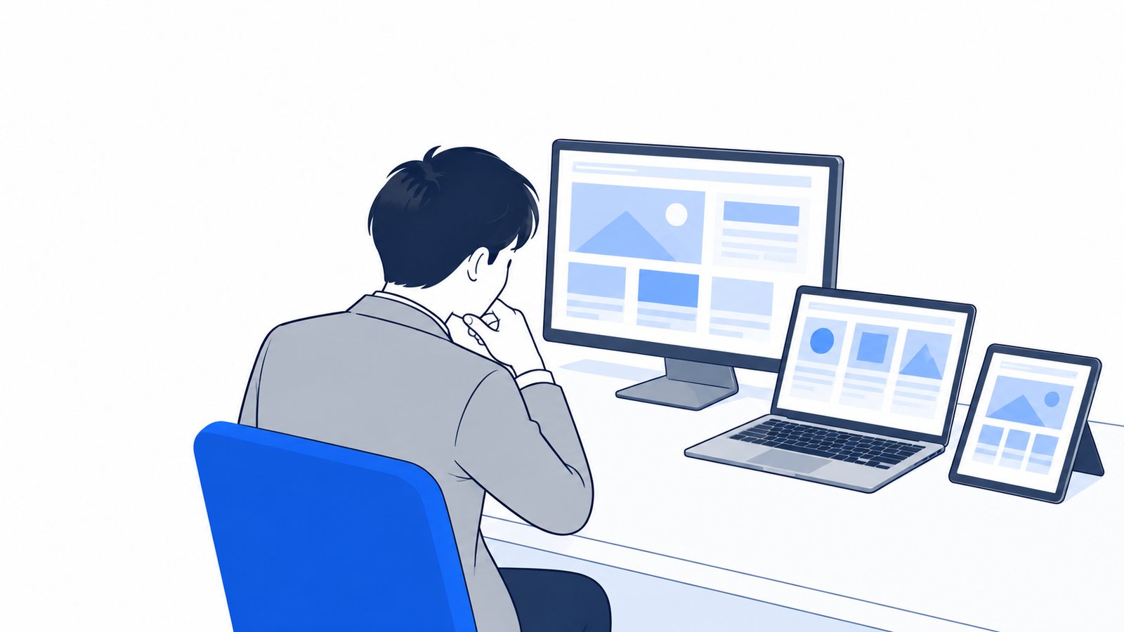 3つの画面を見比べて、どれを使うか考えている担当者
