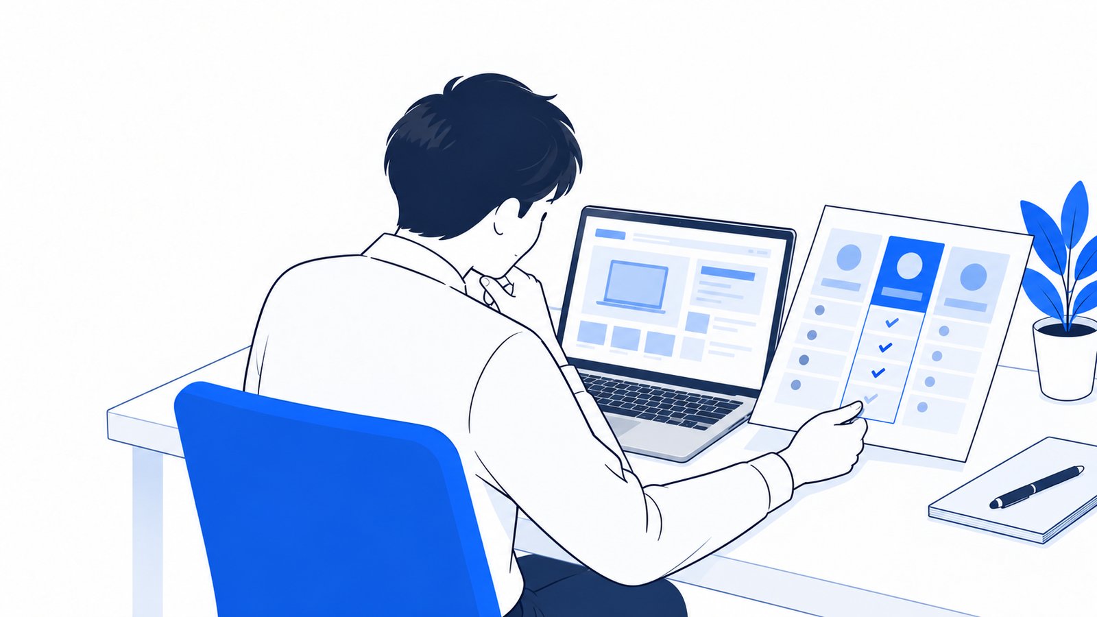 プランの一覧と使うパソコンを見比べて検討する会社員