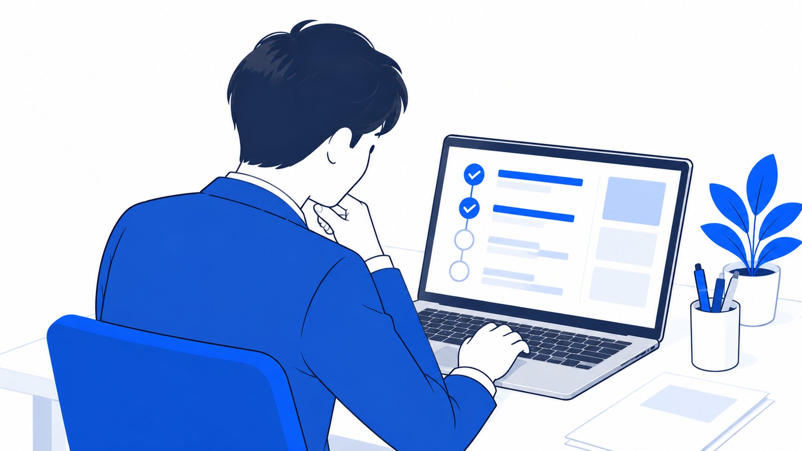 ノートPCの画面に表示された作業の進め方の一覧を、会社員が肩越しに確認している場面