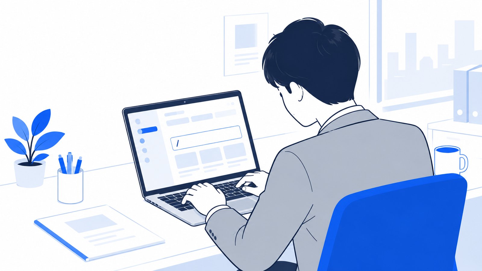 デスクのノートPCで、入力欄にスラッシュコマンドを打ち込んでいる会社員