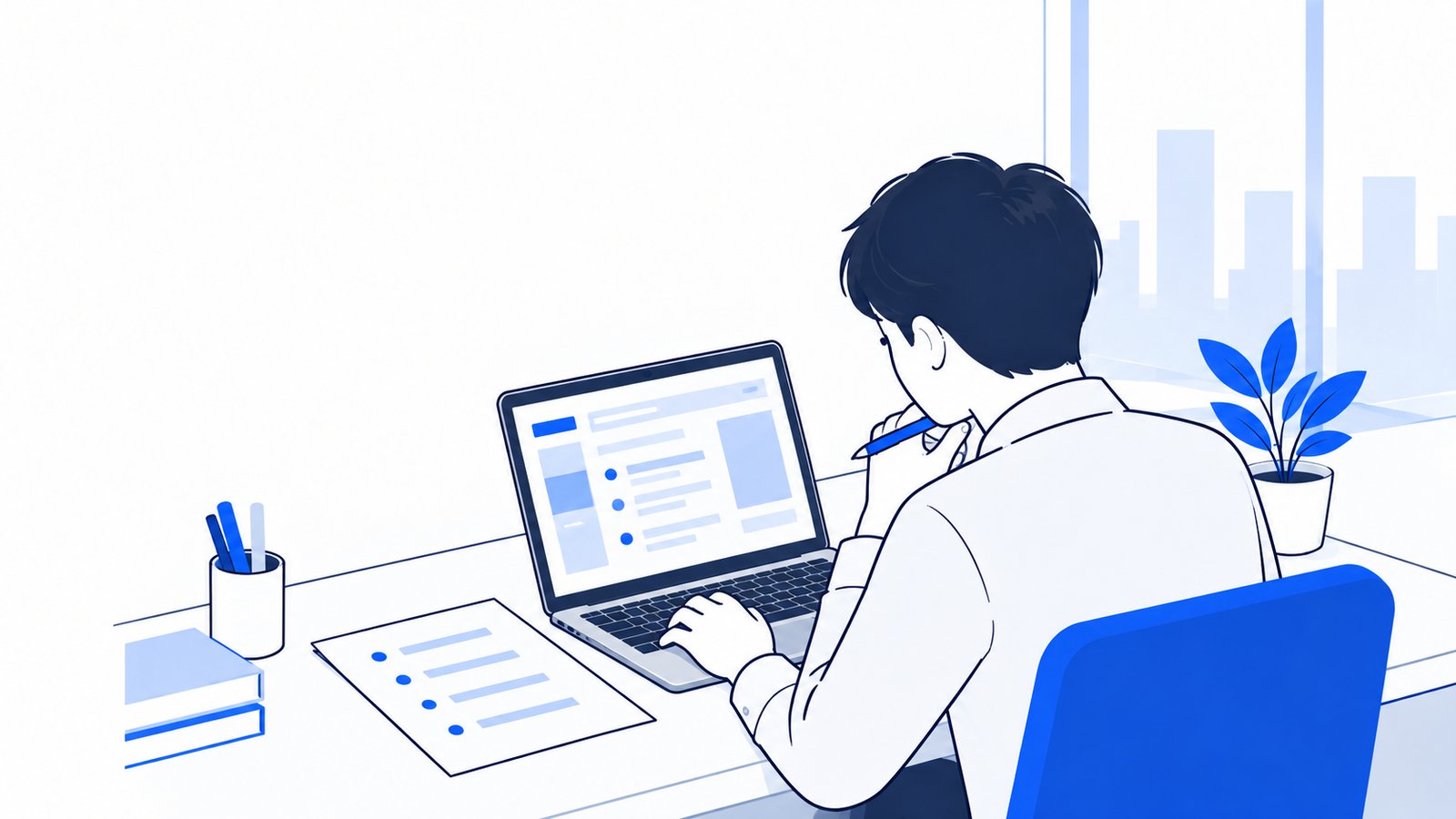 メモに目的や条件を箇条書きにして、パソコンの依頼文を考えている会社員