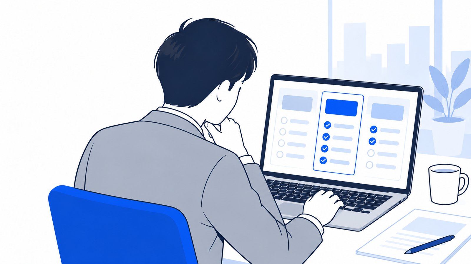 ノートPCでChatGPTのプランの画面を見ながら、Plusの内容を確かめている会社員の肩越しの場面