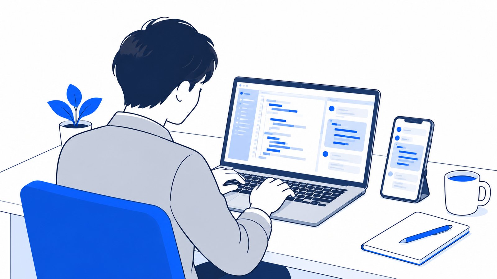 デスクのノートPCとスマホの両方でCodexの画面を開いて作業している開発者を斜め後ろから見た場面