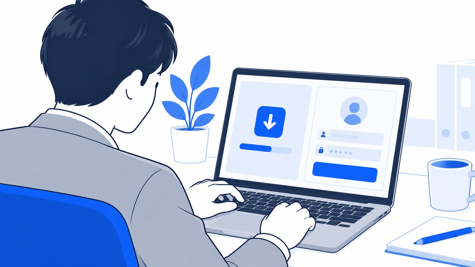 ノートPCにアプリをインストールして、ChatGPTのアカウントでサインインしている手元の場面