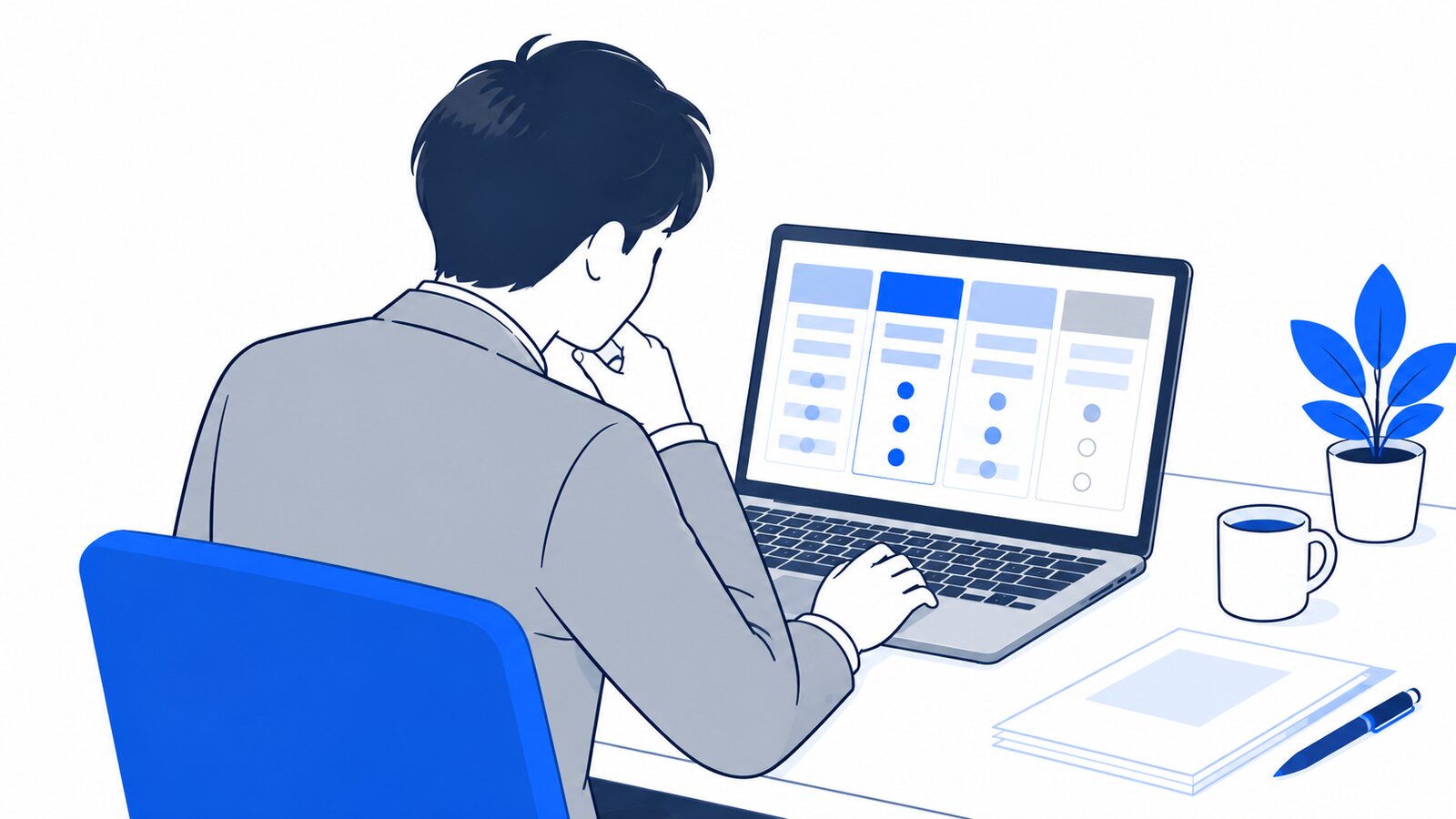 会社員がノートPCで複数の料金プランの表を見比べている様子を肩越しに見た場面