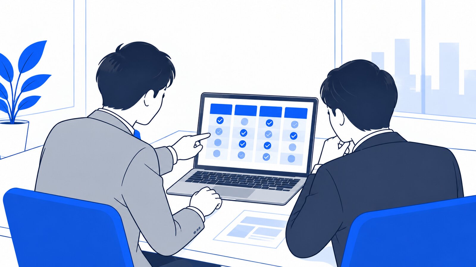 会議室で担当者がノートPCに映した法人向けプランの比較表を上司に説明している場面
