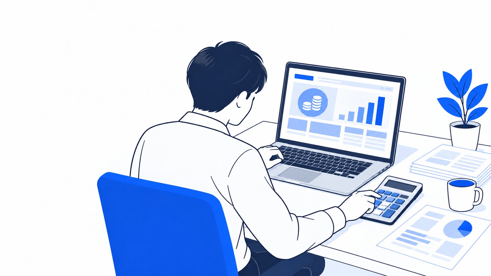 担当者がノートPCでクレジットの残高の画面を見ながら、電卓で費用を計算している様子を肩越しに見た場面