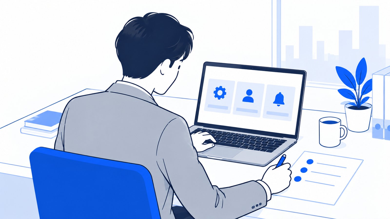 ノートPCの画面を見ながら、設定の入口が3つあることをメモに整理する会社員