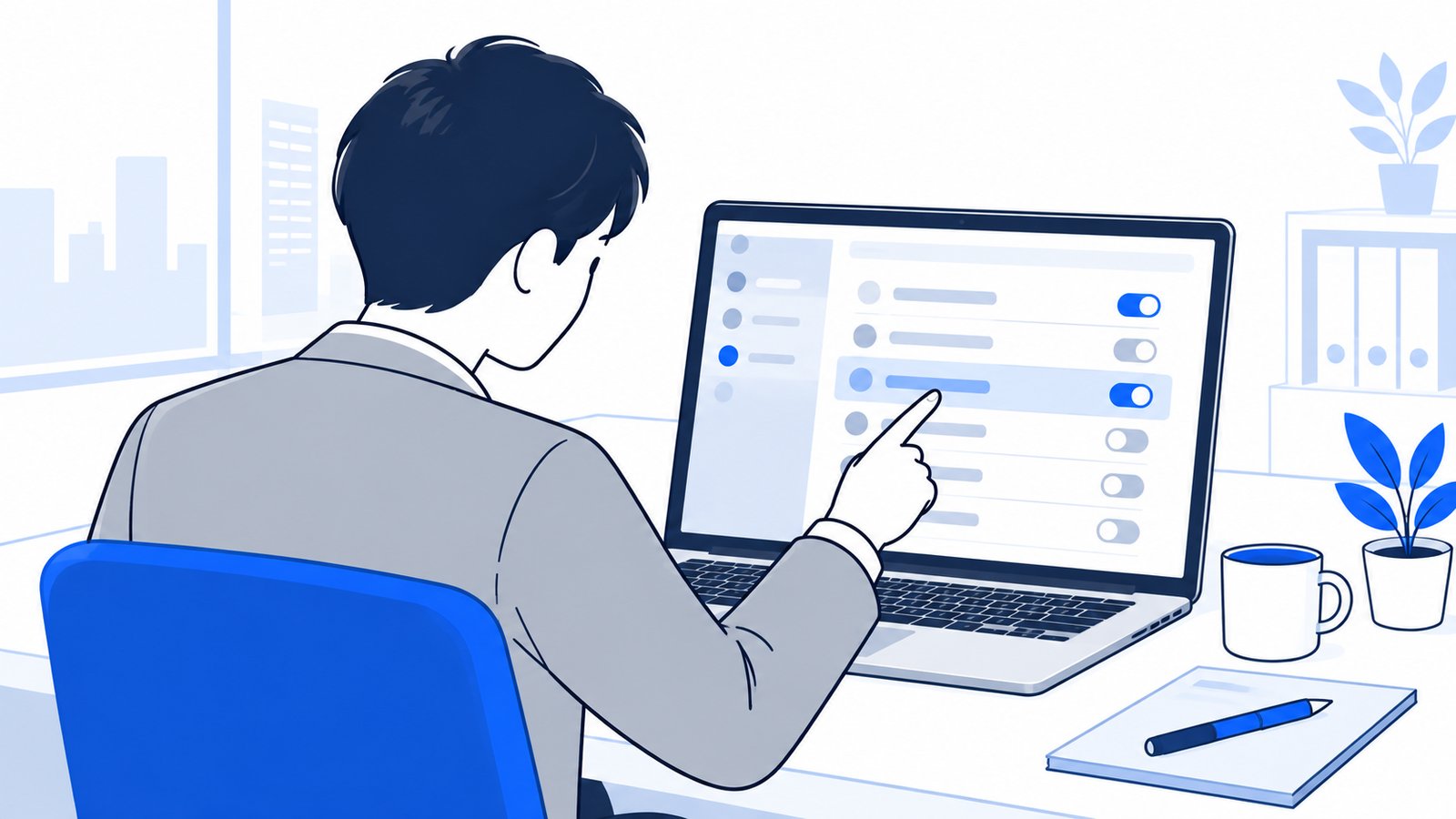 項目名の一覧表を指でなぞりながら、変える設定を選ぶ会社員