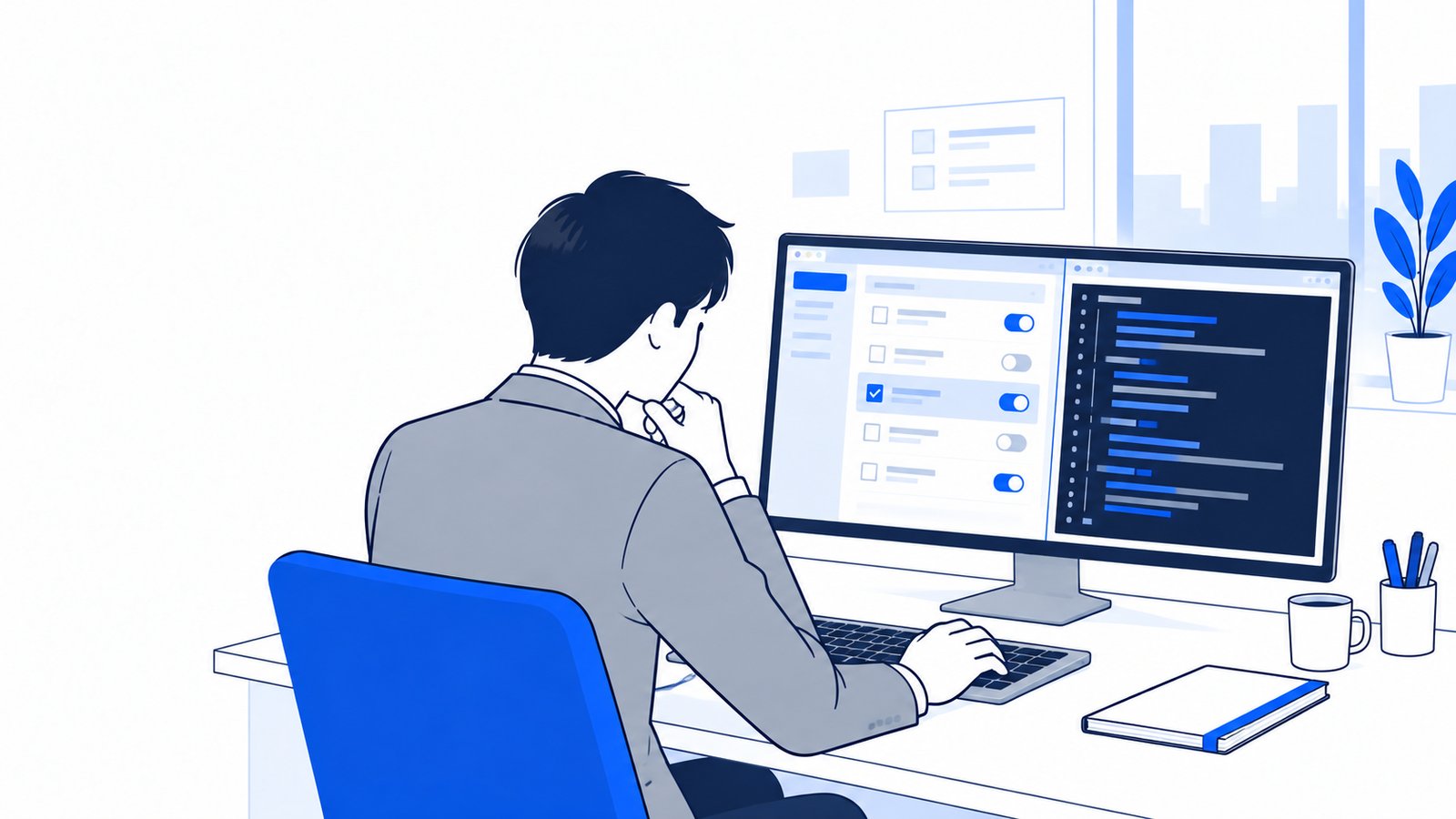 アプリの設定画面とターミナルを見比べながら、設定項目を確認する会社員