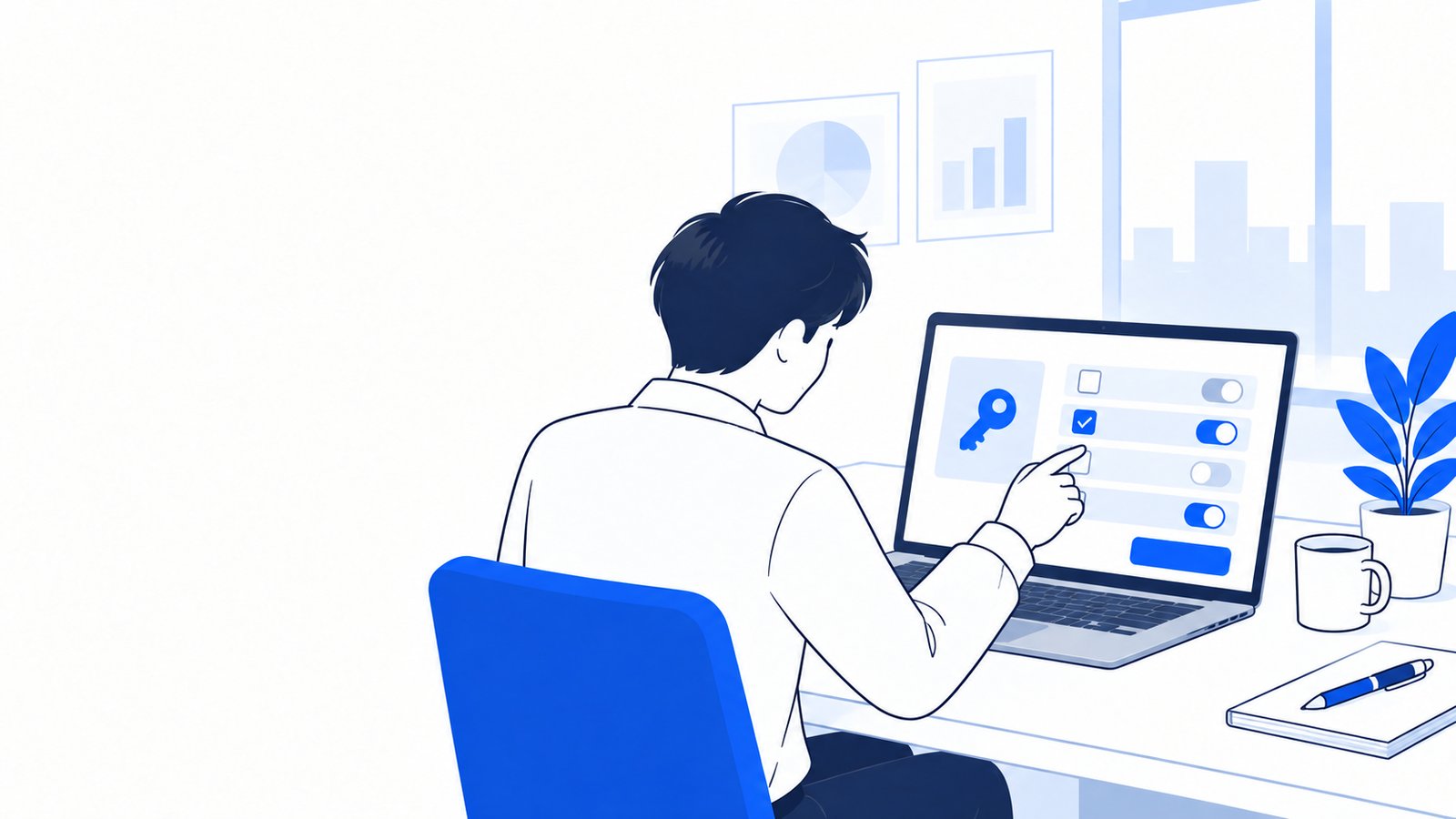 鍵のアイコンと確認の画面を前に、実行を許可する範囲を決める会社員