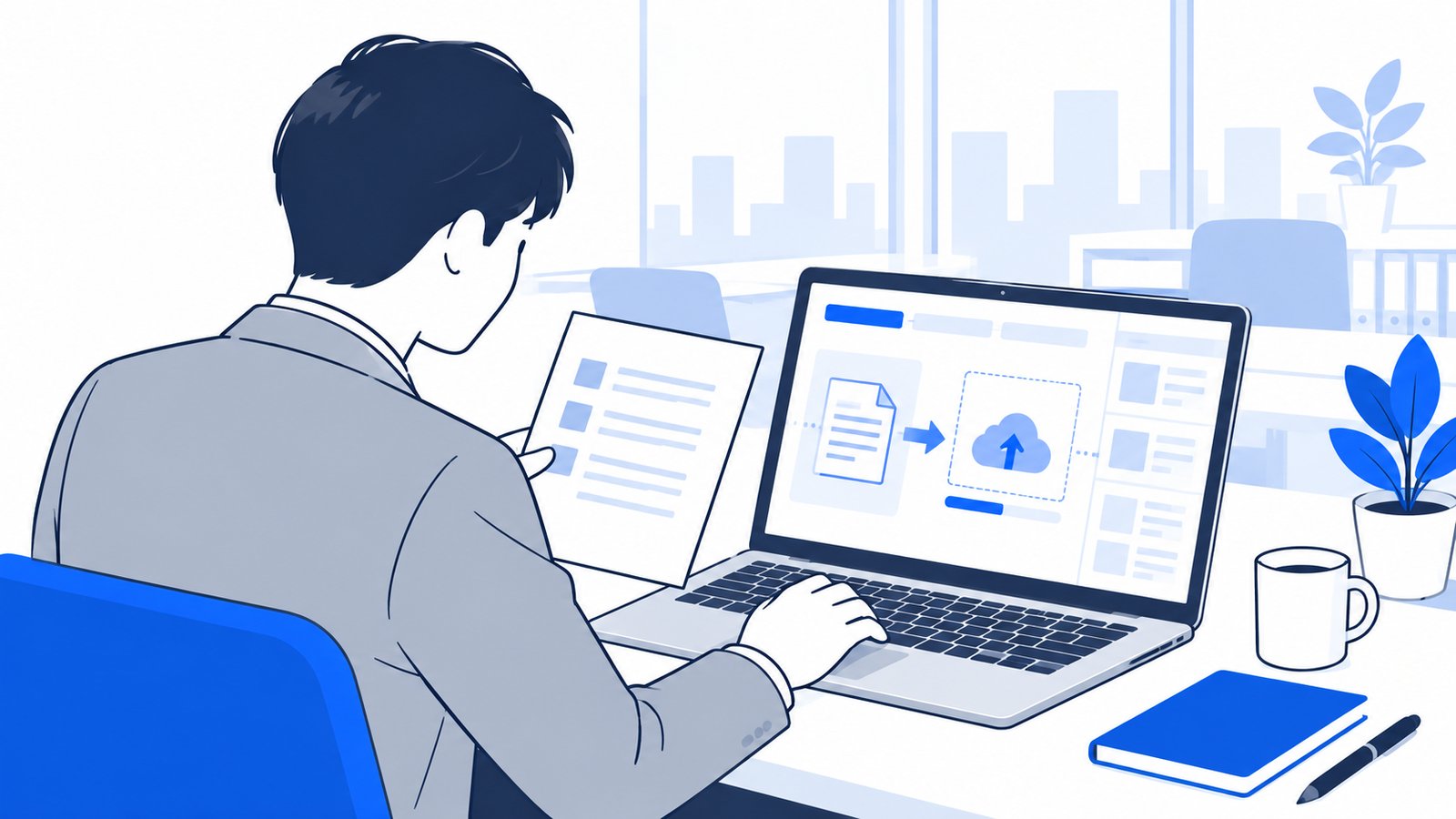 会社員がノートPCで作業手順をまとめたメモをCodexに読み込ませている様子を肩越しに見た場面