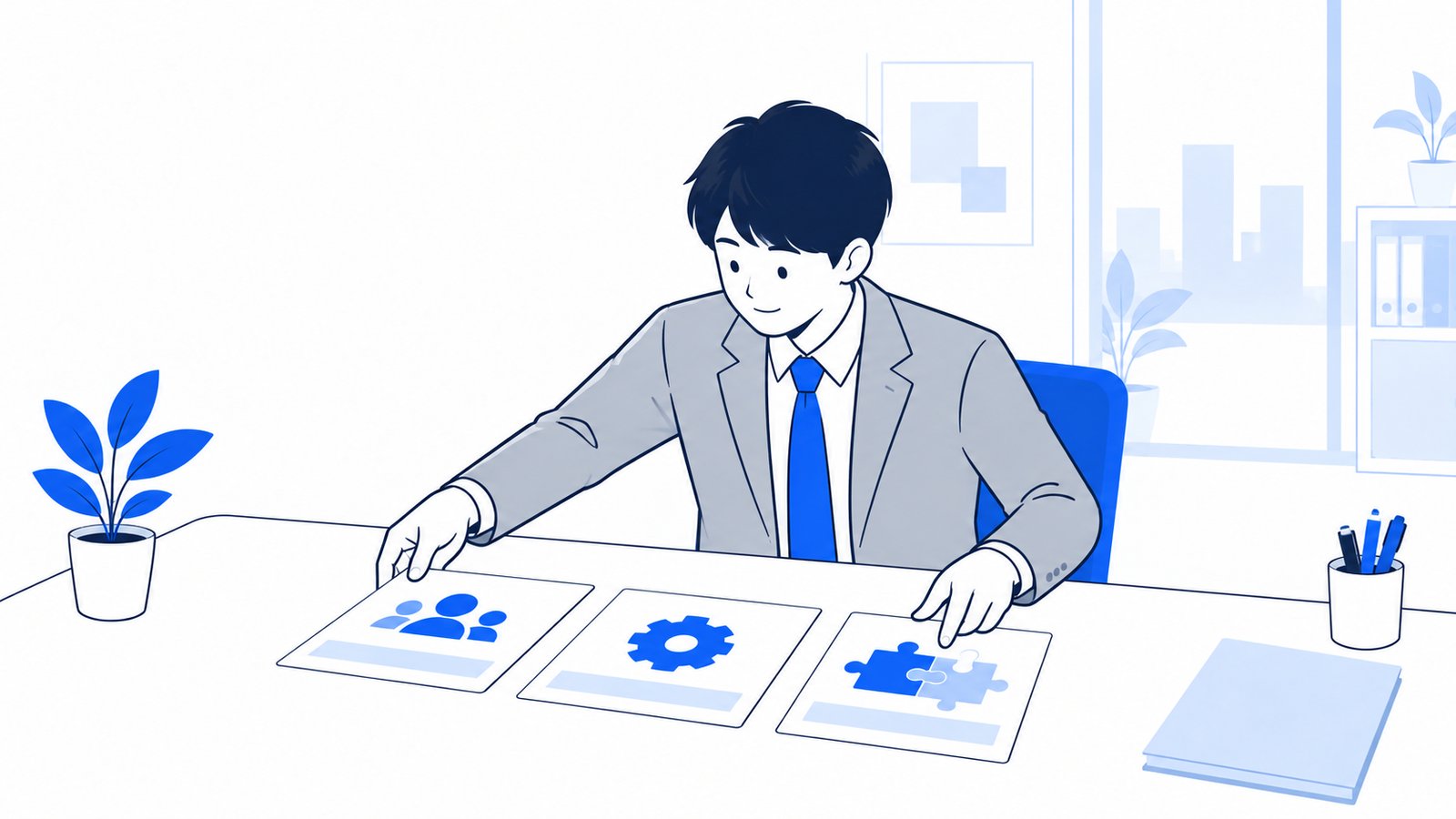 AGENTS.md、スキル、プラグインを書いた3枚のカードを並べて整理する会社員