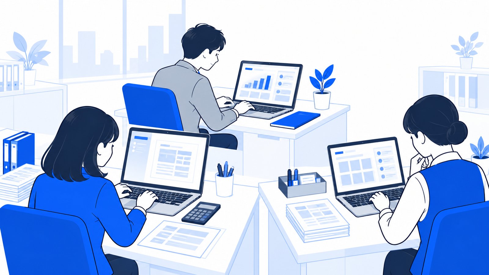 経理・営業・総務の会社員がそれぞれのPCでCodexに作業を頼んでいる様子