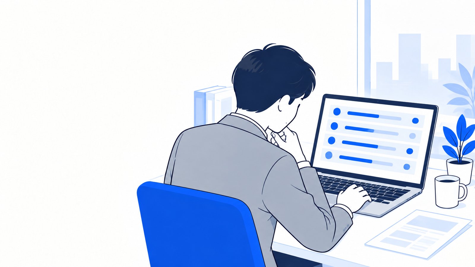 会社員がノートPCで、複数の作業の進み具合が並んだ画面を確認している場面