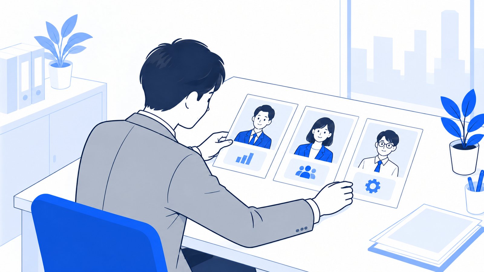 3人の担当者を表すカードを並べて、役割を整理している会社員