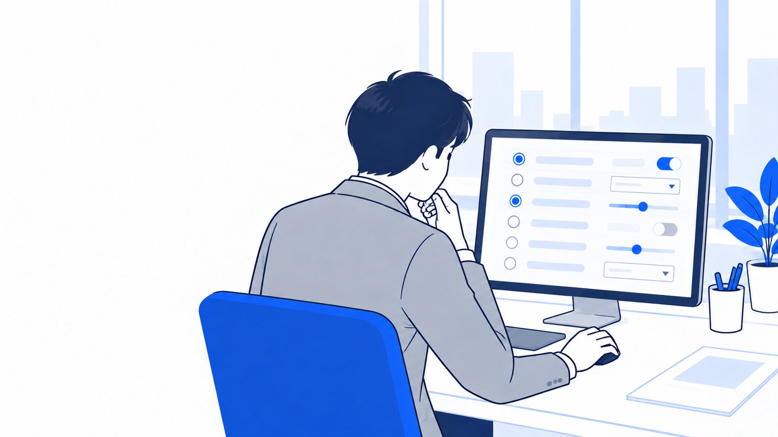 設定の一覧を見ながら、どの値にするかを検討している会社員