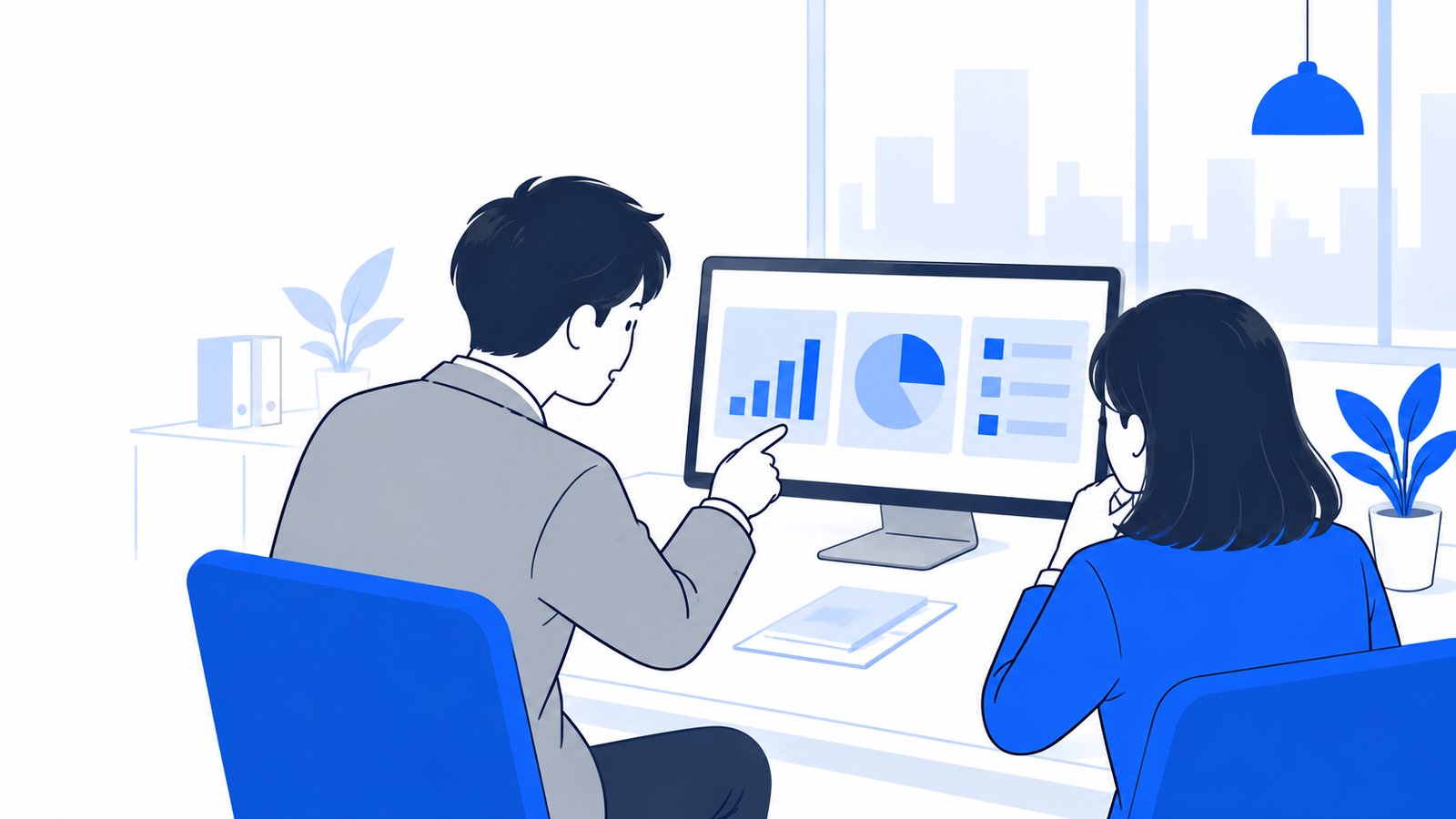 会社員が3つの結果が並んだ画面を見ながら、同僚にまとめの内容を説明している場面