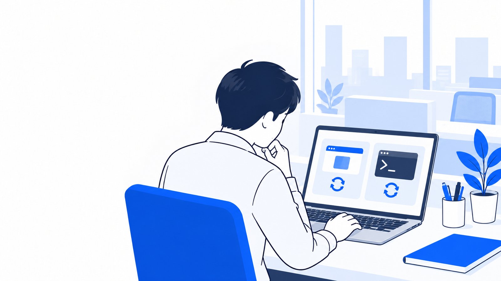 自席でノートPCを開き、アプリとターミナルのどちらを更新するか確かめる会社員