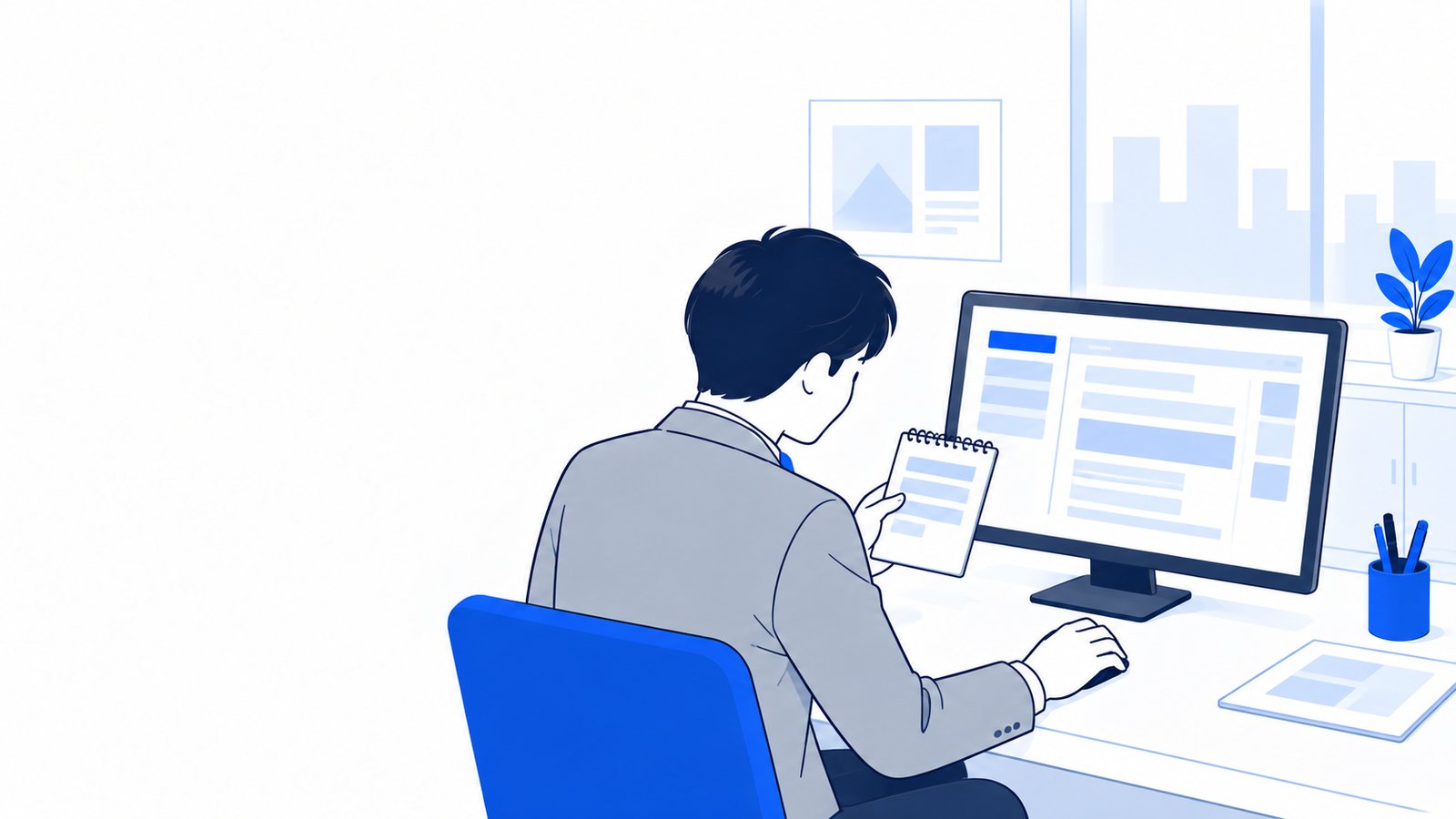 ターミナルに表示されたバージョン番号をメモと見比べる会社員