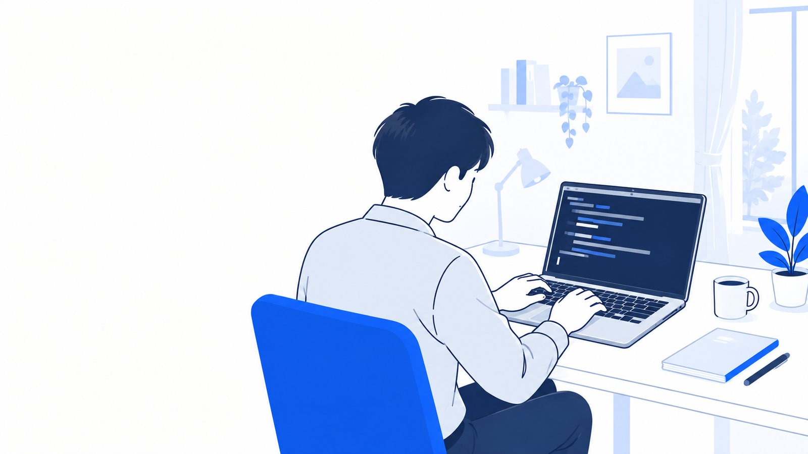 自宅の机でMacBookのターミナルにコマンドを入力する人