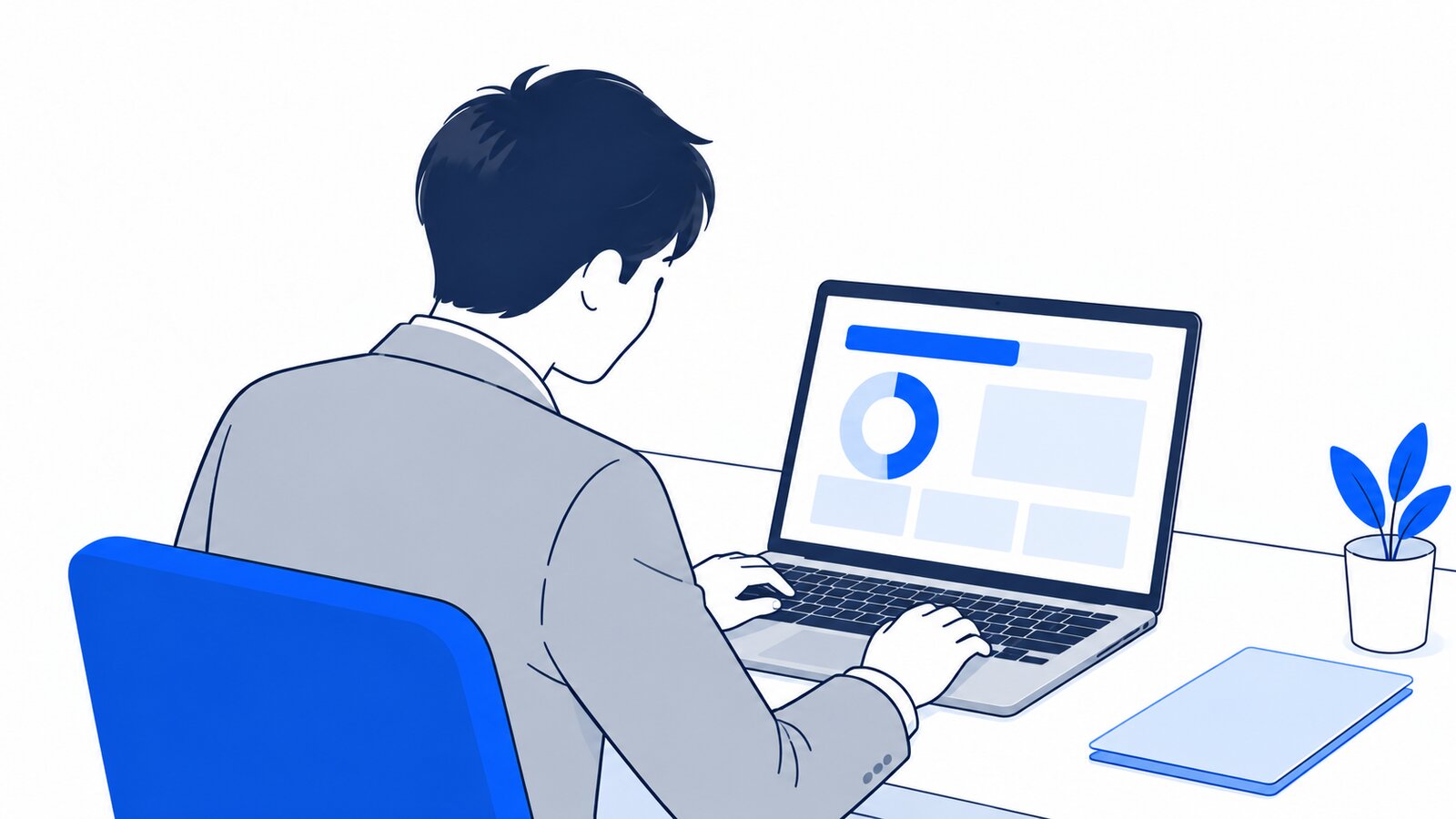 肩越しにノートPCの使用量の画面をのぞき込み、残りを確かめる会社員