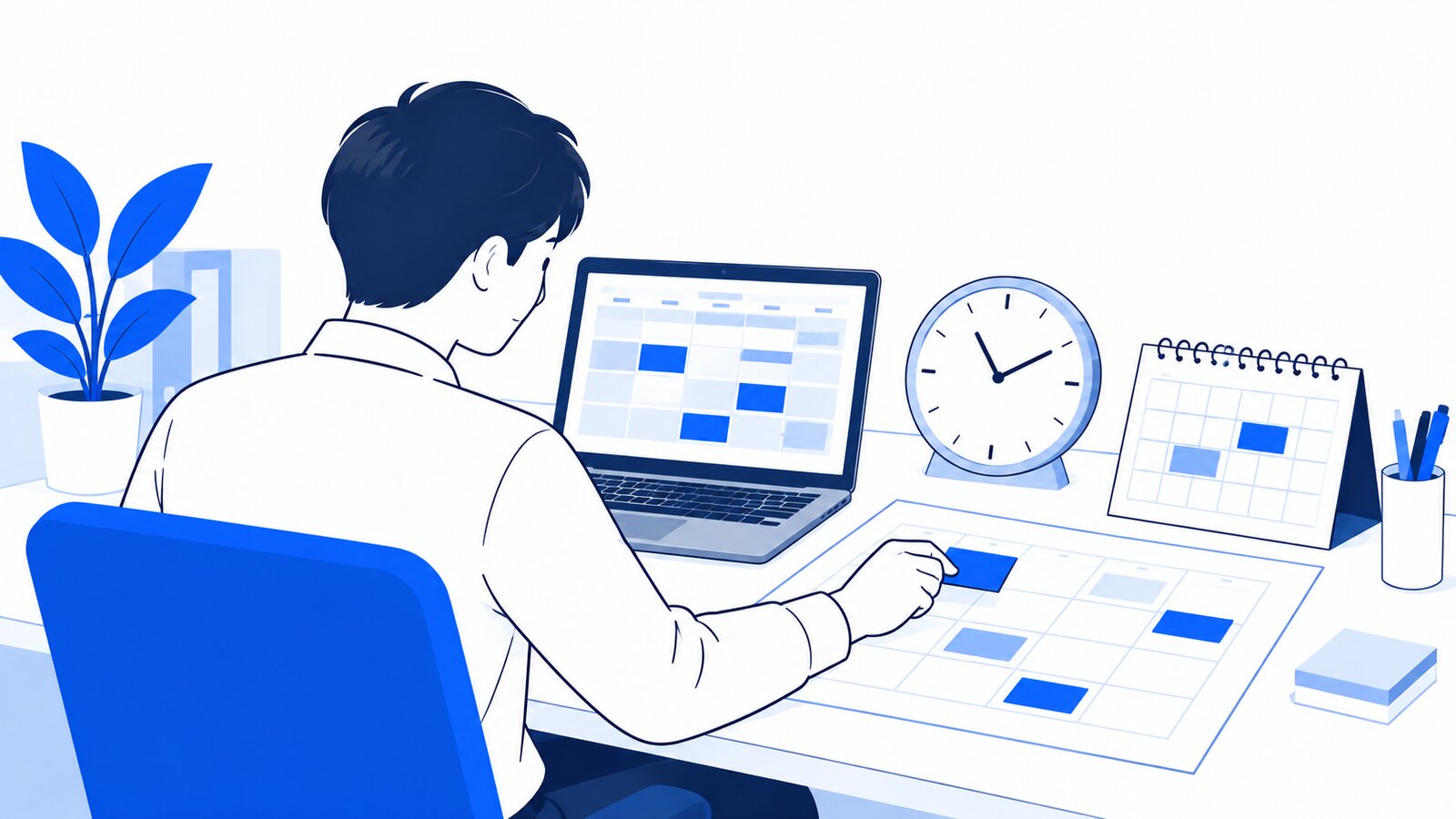 机で時計とカレンダーを見ながら、作業の予定を組み直す開発担当者