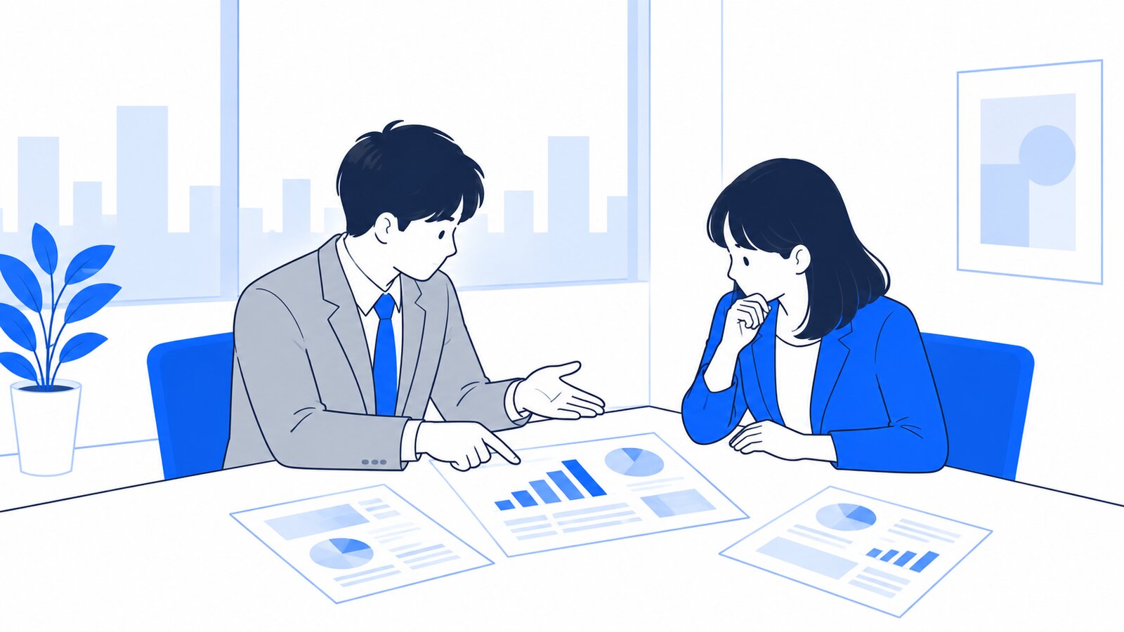 会議室で利用状況の資料を見ながら話し合う二人の会社員