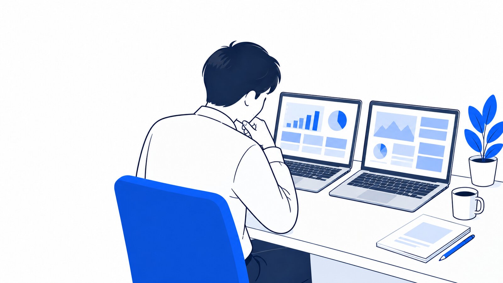 ノートPCを2台並べて、AIの作業結果を見比べる会社員