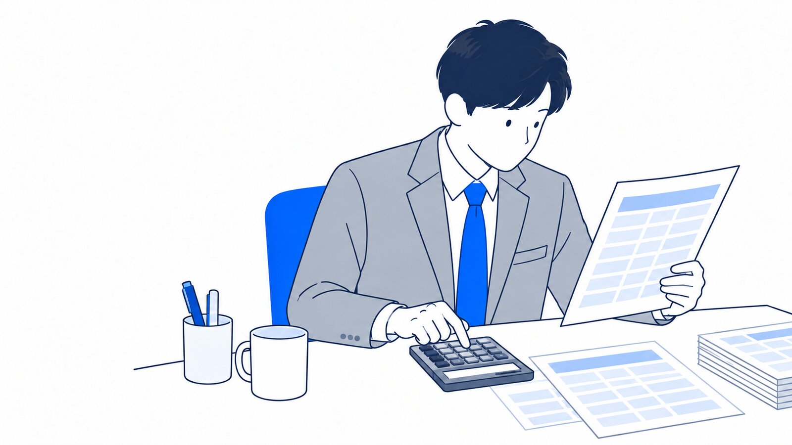 電卓と料金表を前に、月の費用を計算する経営者