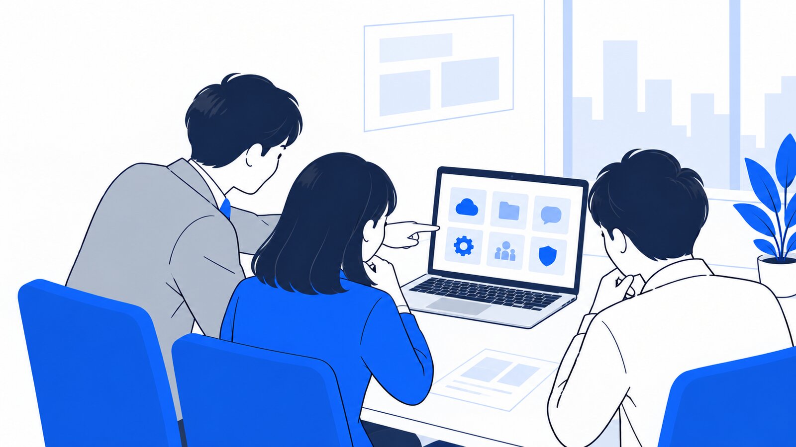 社内の打ち合わせで、導入する道具を決めながらノートPCを指さす3人