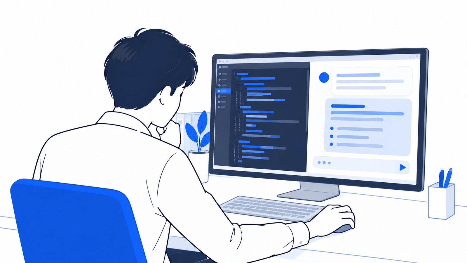 エディタの横にAIのチャット画面を開いて、コードの説明を読んでいる会社員