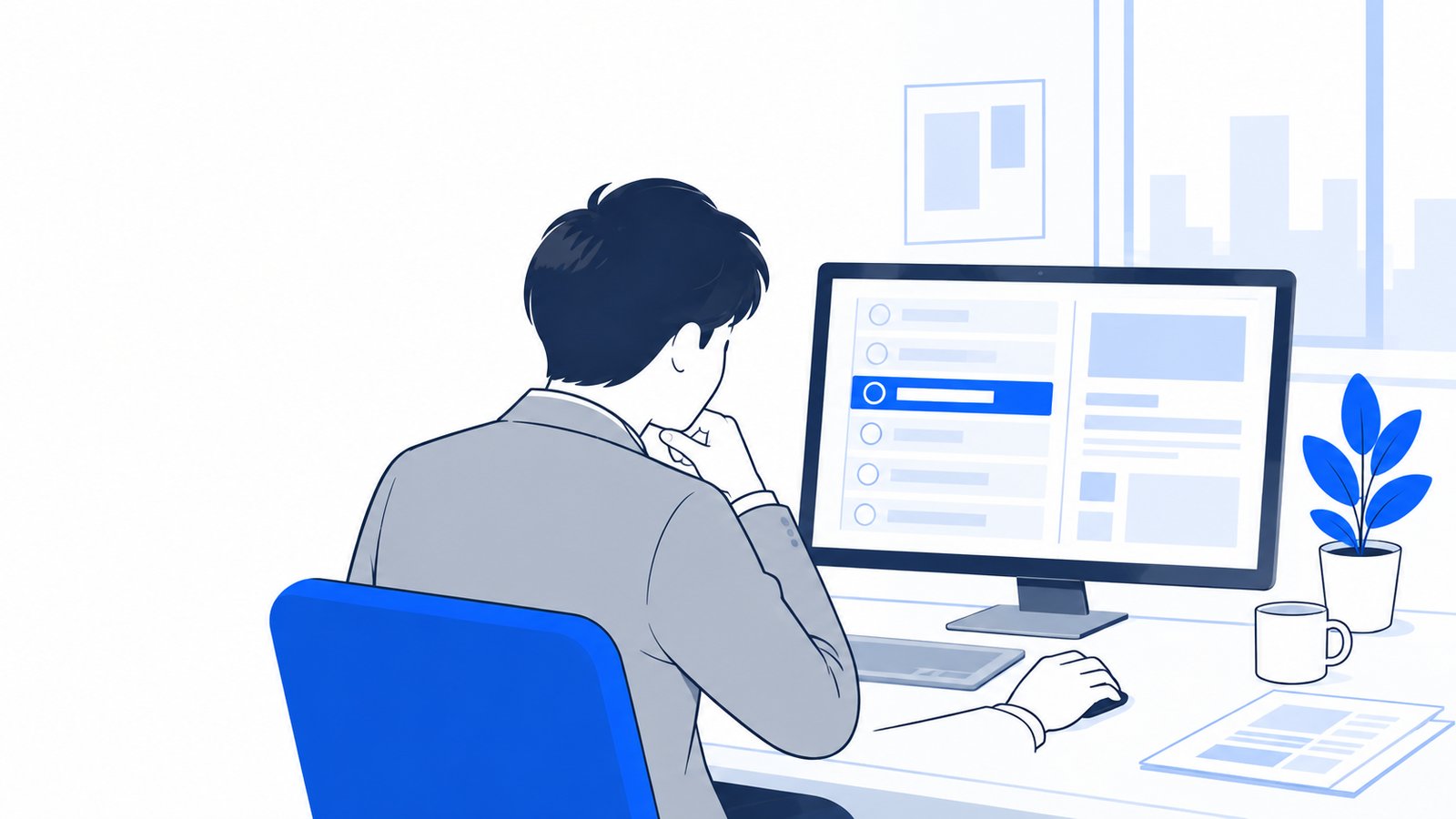 エディタで計画の一覧を確認し、次の作業を選んでいる会社員