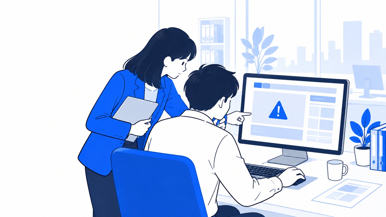 エラーが出たPC画面を前に、同僚と一緒に原因を探している会社員