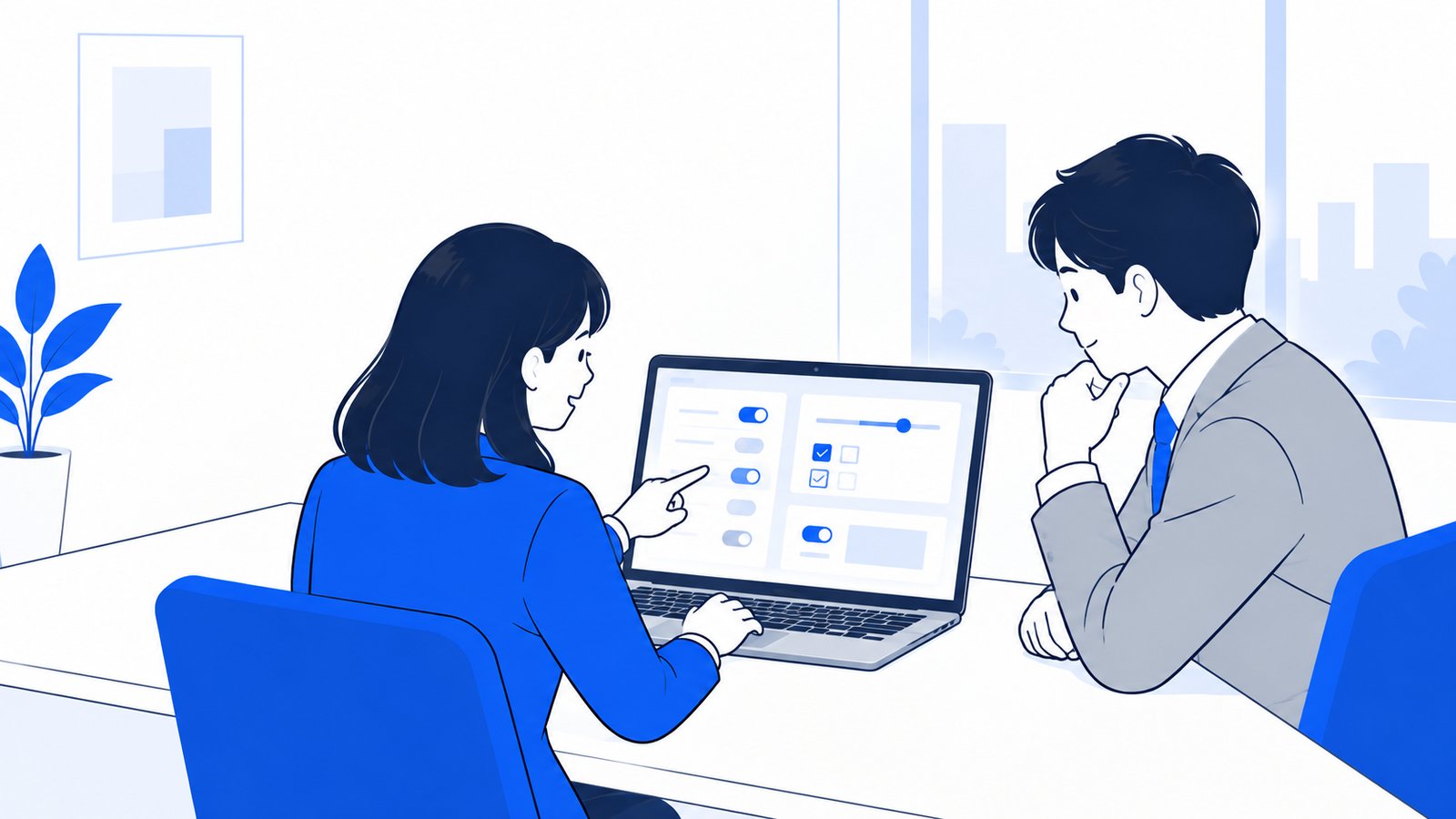 会議室で担当者が設定画面を見せながら、上司とルールを相談している様子