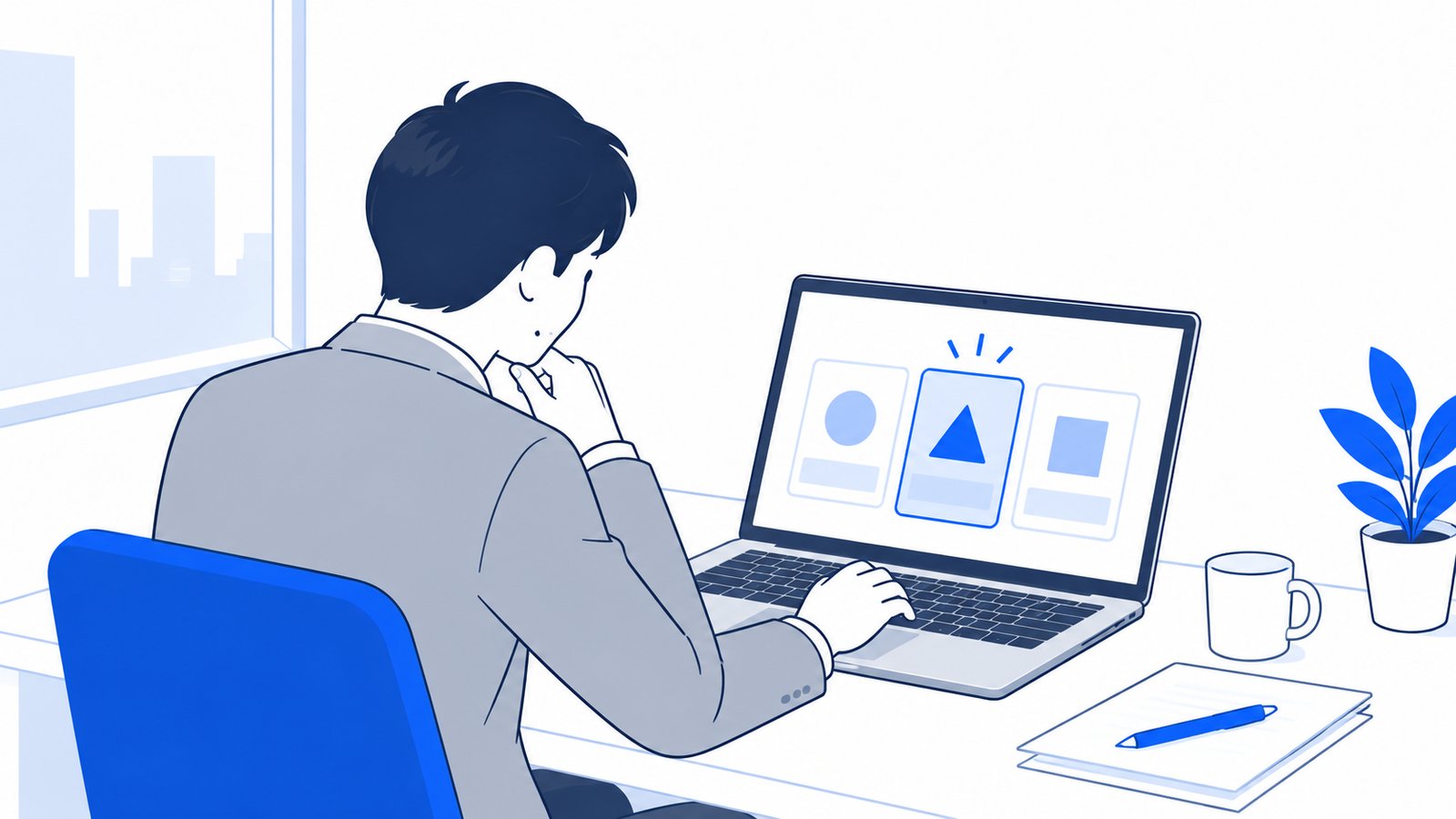 オフィスの机でWindowsのノートPCを開き、使い方を選んでいる会社員