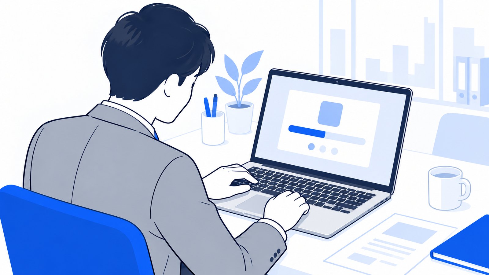 Windowsのノートパソコンでアプリをインストールしている手元と、本人に向いた画面