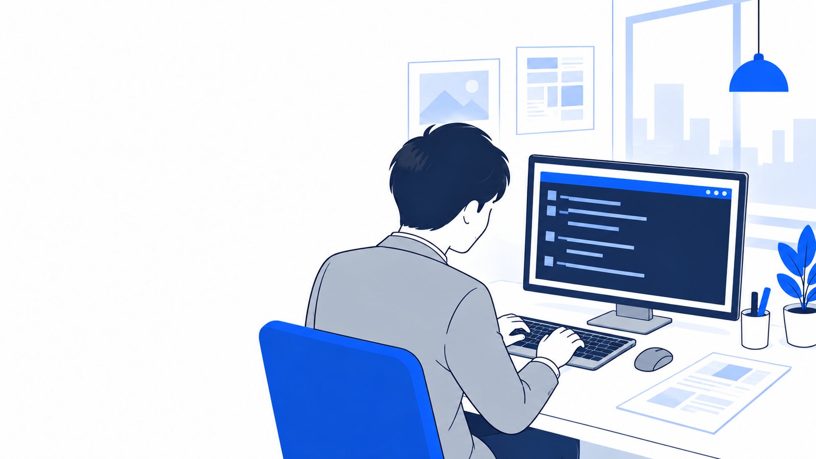WindowsのPowerShellにコマンドを入力している会社員の肩越しの構図