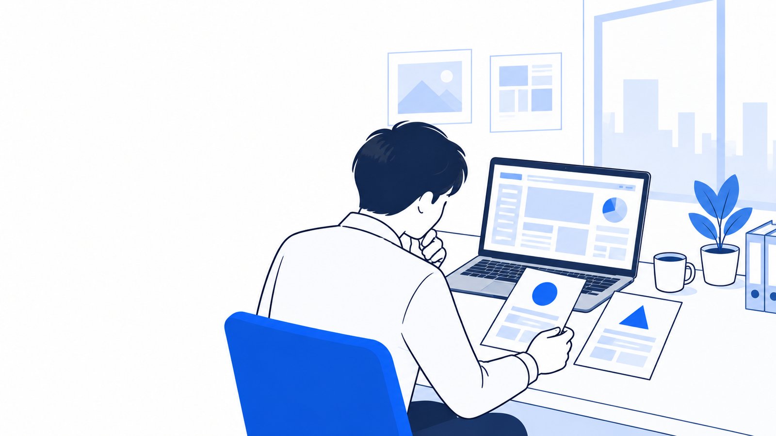 机で2つの選択肢のメモを見比べながらWindowsのPCを操作する人