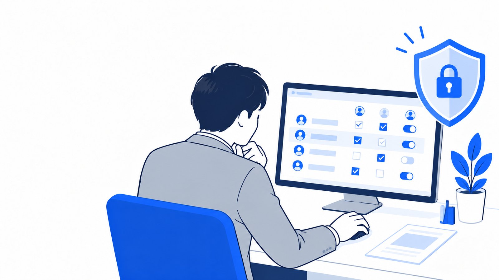 盾のアイコンの横で、権限の設定画面を確認する会社員と、本人に向いたPC画面