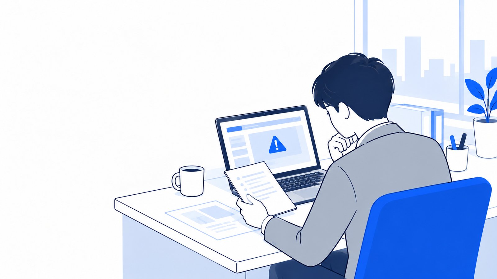 メモを見ながらエラーの原因を探す会社員と、本人に向いたノートPCの画面