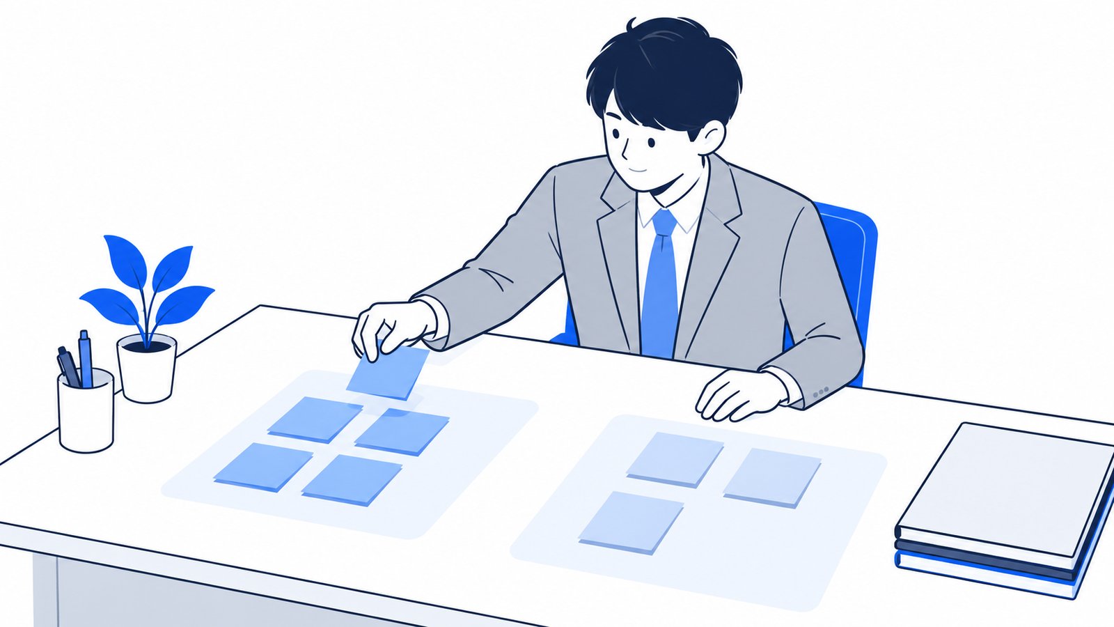 机の上で、付箋に書いた仕事を任せるものと自分でやるものに分ける担当者