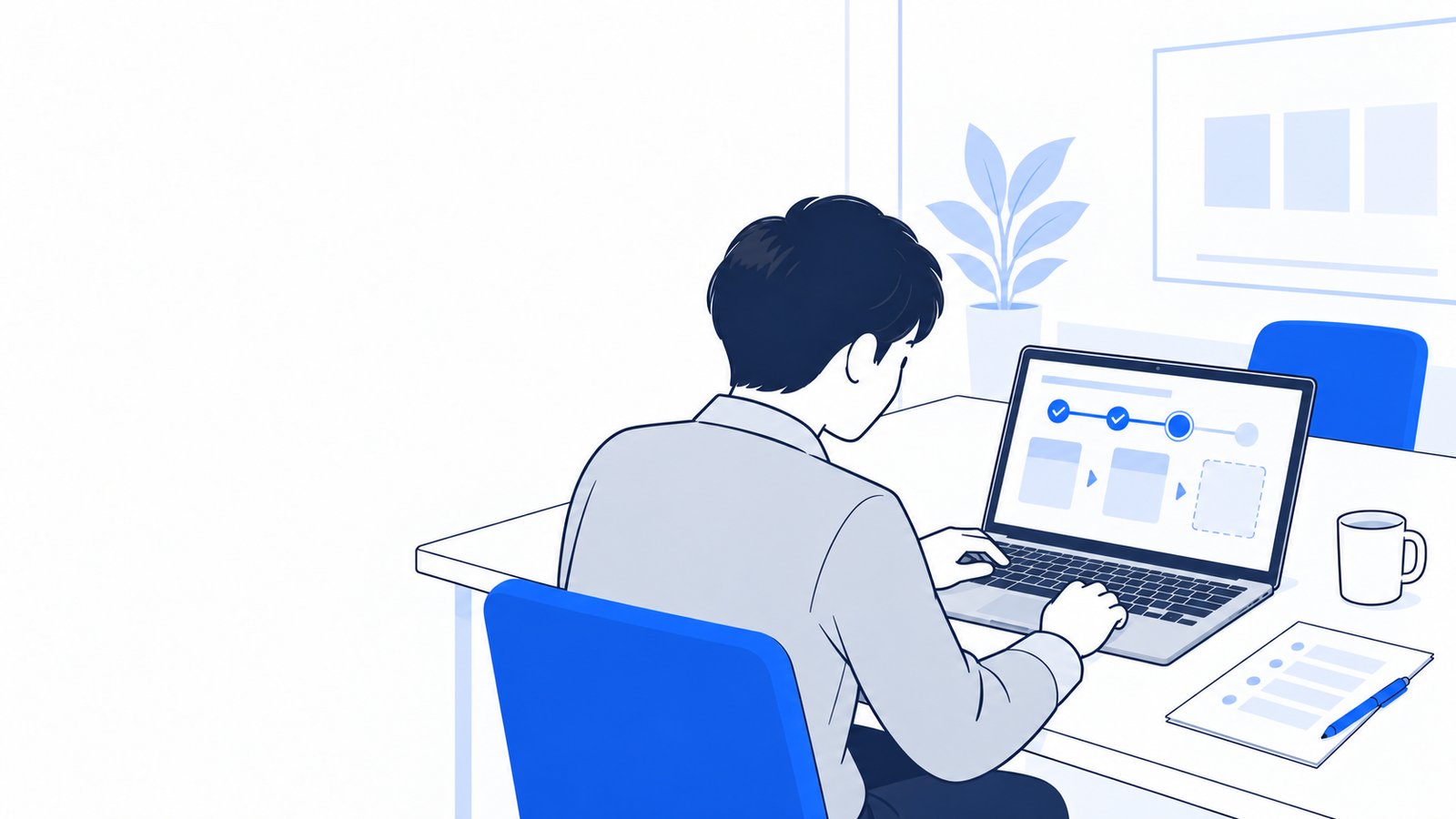 小さな会議室で、担当者が導入の手順をノートPCの画面に表示して確認している