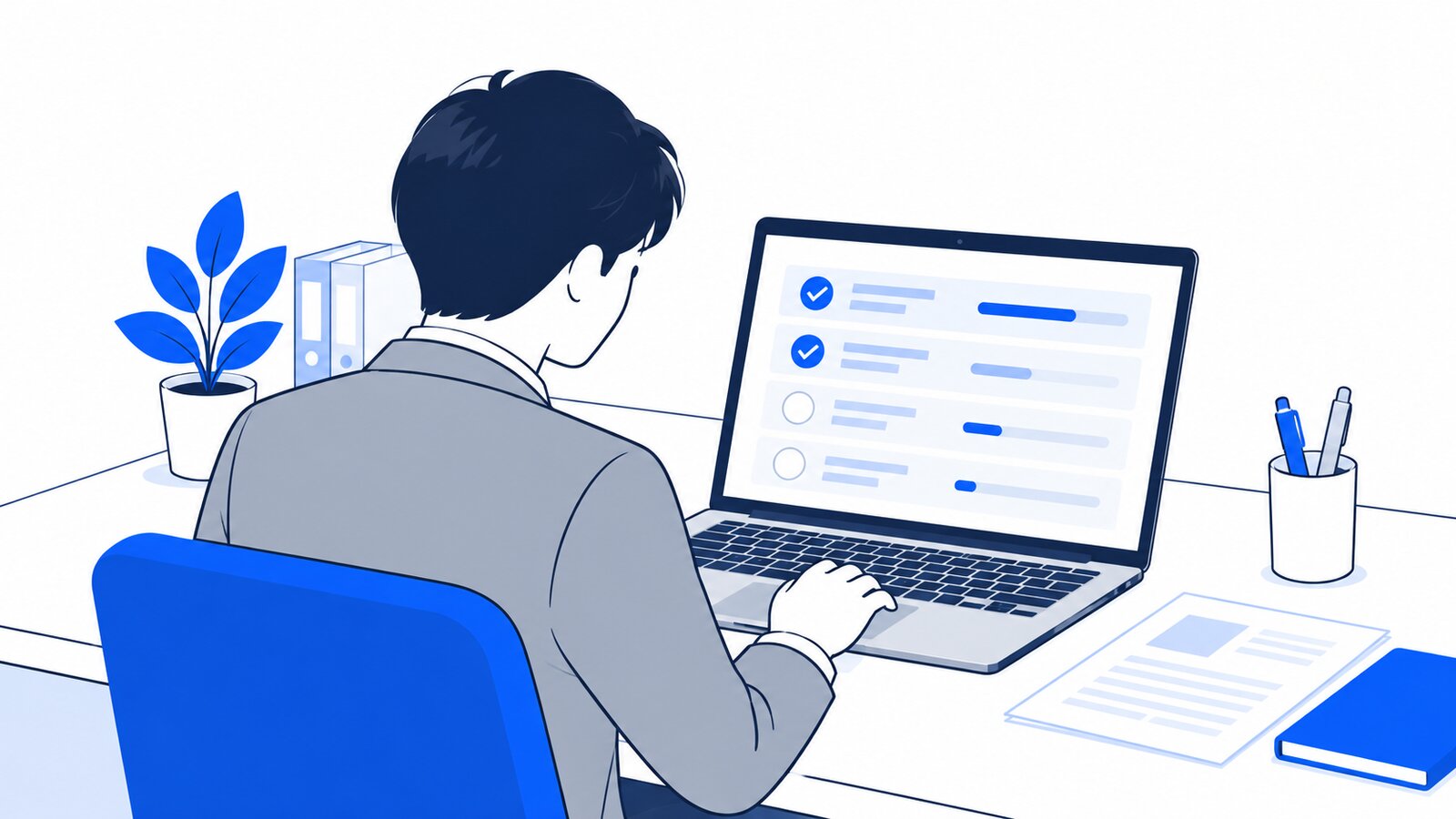 ノートPCに向かい、AIに頼んだ作業の進み具合を確かめる会社員