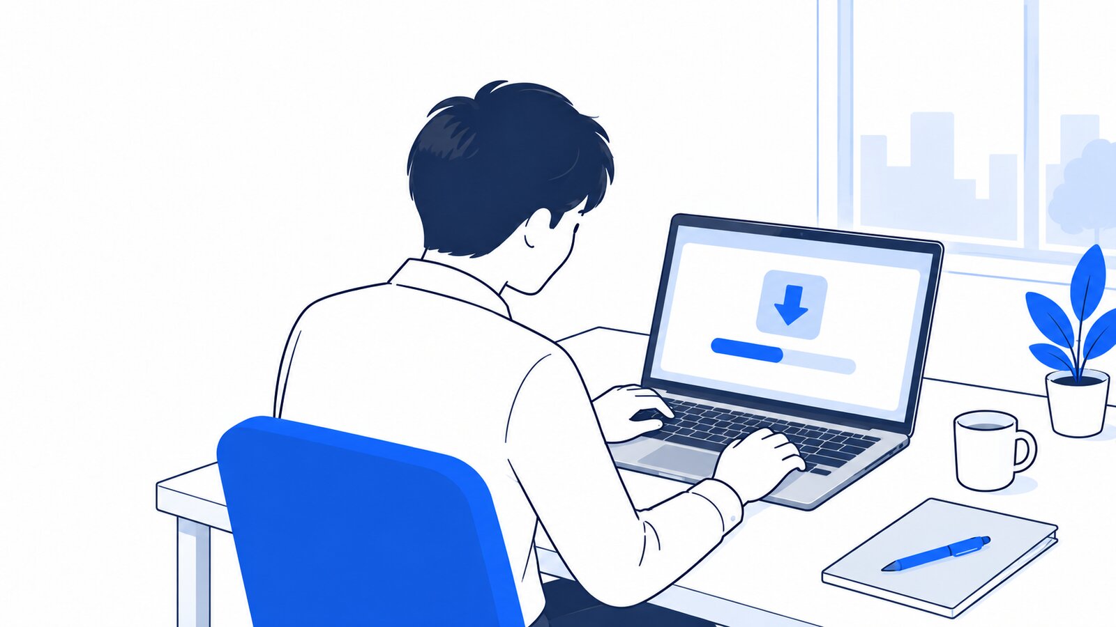 自宅の机でノートPCにアプリをインストールする人