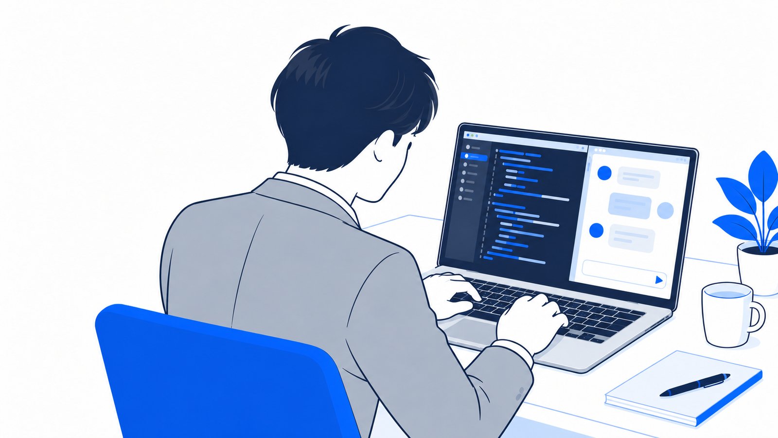 会社員がノートPCでコードエディタを開き、画面の右側のチャット欄でAIとやりとりしている様子を肩越しに見た場面